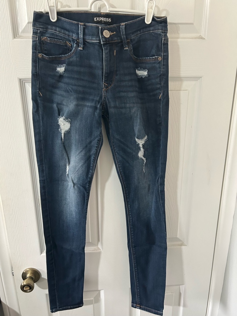 Express Women's Dark Indigo Distressed Skinny Jeans